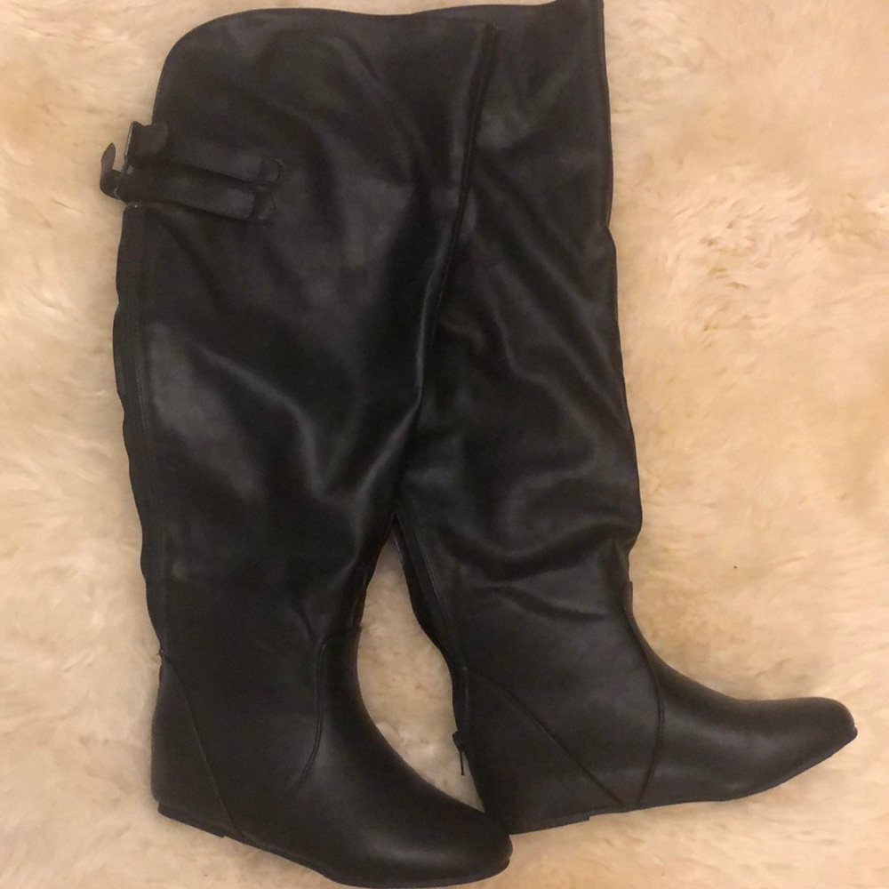 Black flared over the knee faux leather boots